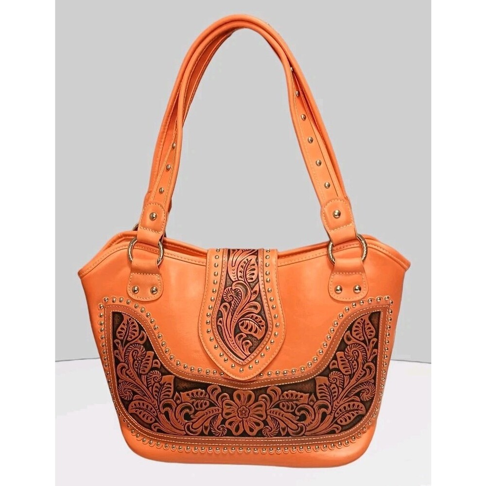 Montana West Orange Tooled Satchel Tote Bag Purse Concealed Carry Western EUC